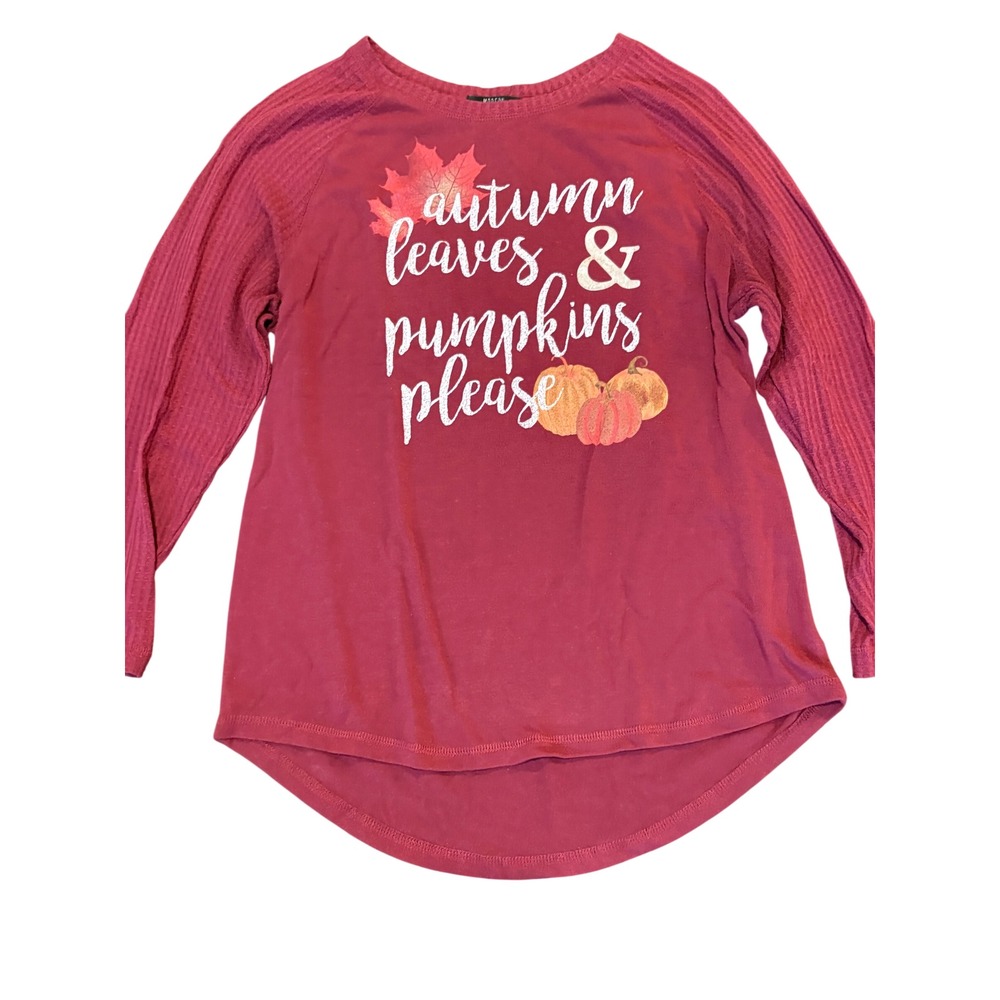 Modern Canvas Autumn Leaves & Pumpkins Please Waffle Sleeve Top Burgundy M
